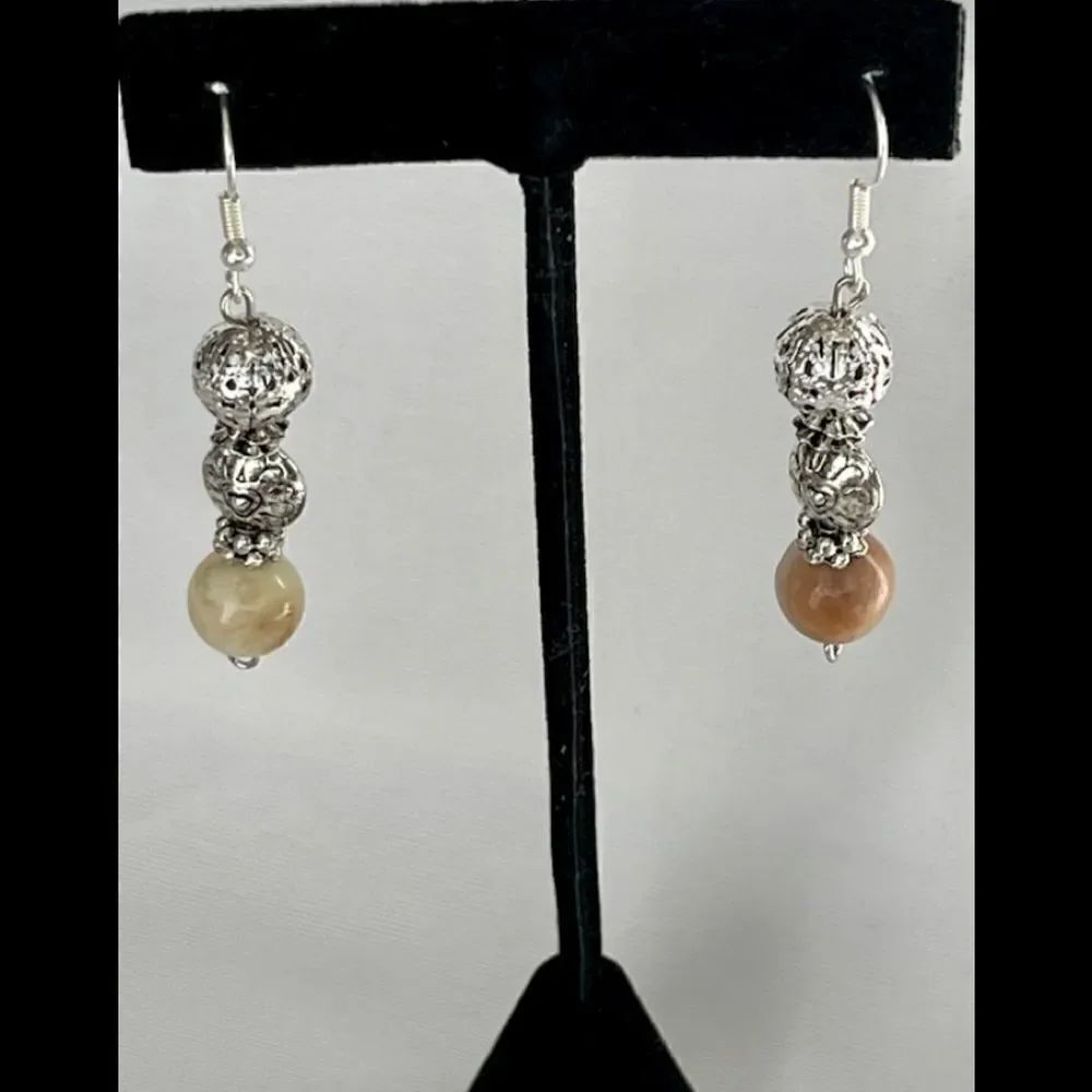Silver Tone Dangle Beaded Earrings with Amazonite and Textured Embossed Beads